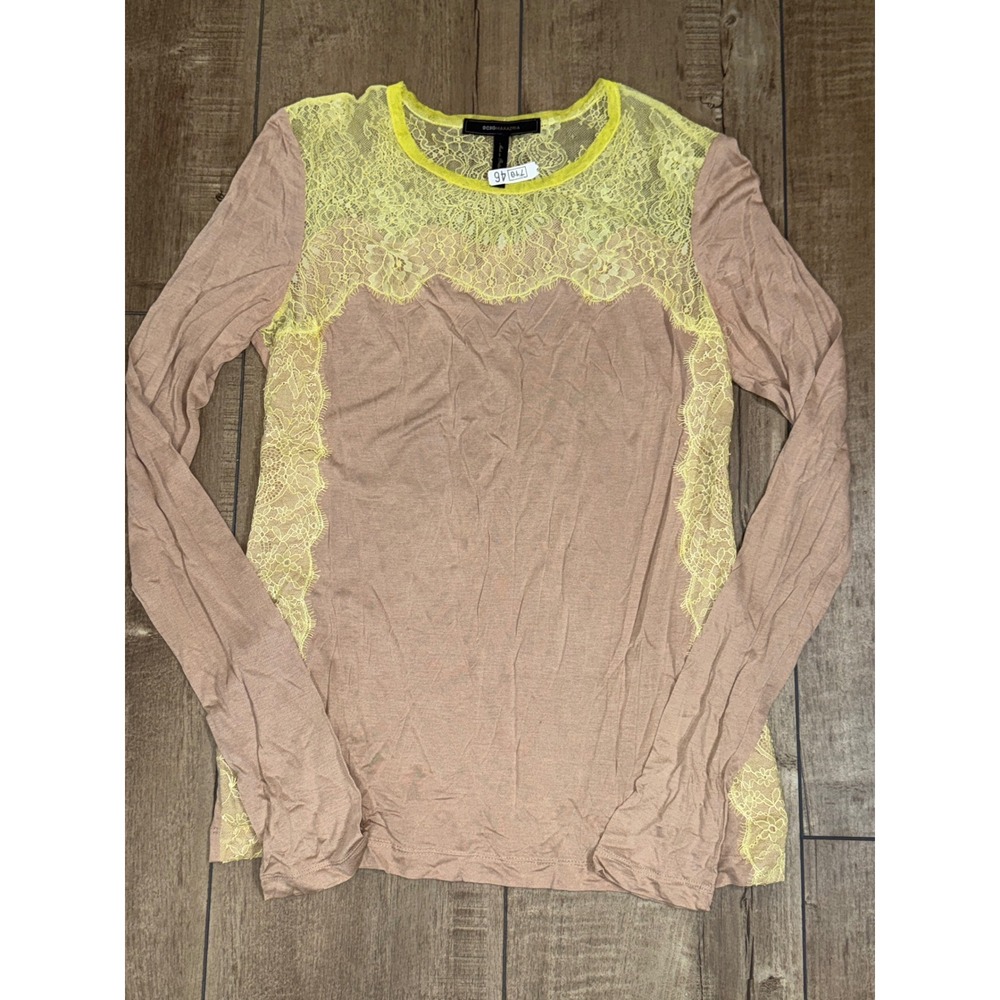 BCBGMAXAZRIA‎ Taupe Lace Trim Long Sleeve Top Blouse Womens S